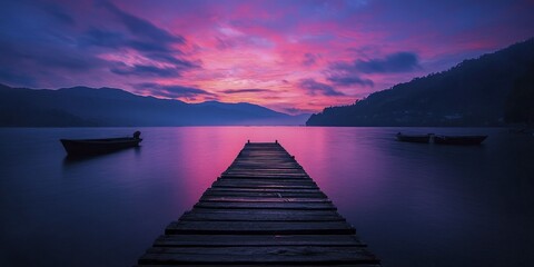 Naklejka premium A mesmerizing sunset scene from a rustic dock where boats rest peacefully beneath a sky alive with brilliant hues and drifting clouds.