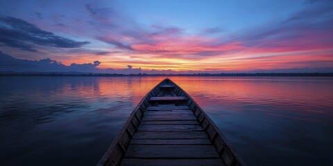 Fototapeta premium A stunning sunset seen from a wooden dock, where boats are anchored beneath a sky awash in brilliant hues and dramatic clouds, creates a serene and picturesque scene.