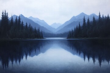 A serene painting of a lake reflecting distant mountains, capturing the essence of calmness and nature's beauty