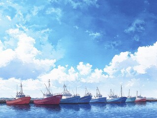 Fototapeta premium A lively watercolor depiction of a busy marina brimming with vibrant fishing boats beneath a clear azure sky, capturing the essence of coastal life.