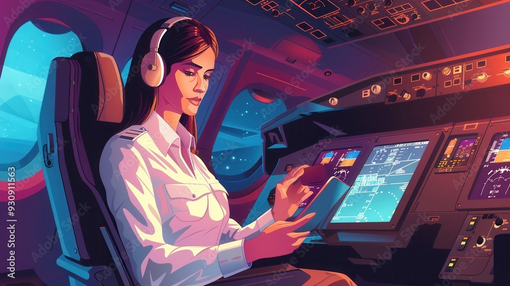 Poster A flight attendant analyzes data on a tablet while seated in the cockpit, focused on ensuring smooth operations during a nighttime journey. Generative AI
