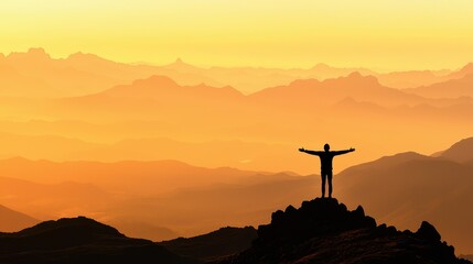 Silhouette of a Person with Arms Outstretched on Mountain Peak at Sunset