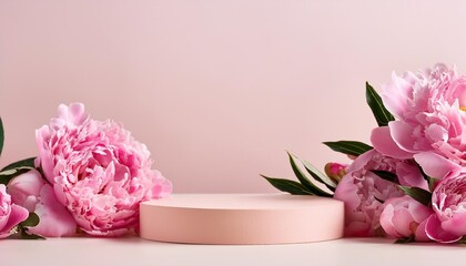 product podium with pink peonies in spring pastel colors for product presentation mockup for...