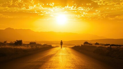 Silhouette of a Person Walking Towards Sunset on a Country Road