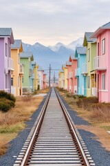 Obraz premium Colorful Houses Line Up Along Train Tracks in Mountain Landscape