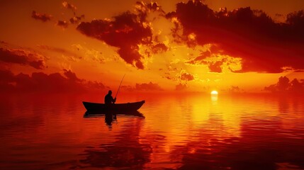 Obraz premium Silhouette of Fisherman in Rowboat at Sunset