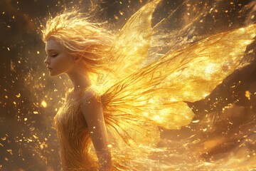 Naklejka premium A golden fairy with glowing wings stands in profile amidst a magical shimmering light.