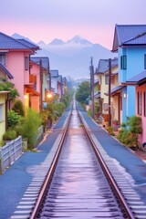 Fototapeta premium Colorful Houses Lined Up Along Railway Tracks With Mountain View
