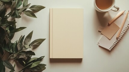Blank Notebook with Tea and Green Leaves on White Table Top