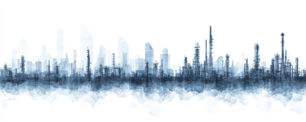 Naklejka premium A city skyline with a blue sky background. The buildings are tall and spread out, with some of them having smokestacks. Scene is one of urbanization and industrialization