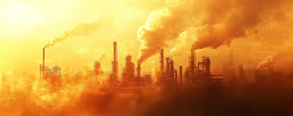 Fototapeta premium A city skyline with a lot of smoke coming out of the factories. The sky is orange and the smoke is thick