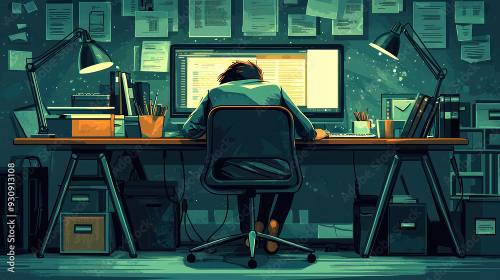Poster a man is sitting at a desk with a computer monitor in front of him. he is working on a project and h