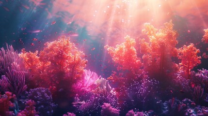 Vibrant coral reef scene with sunlight in orange and magenta.