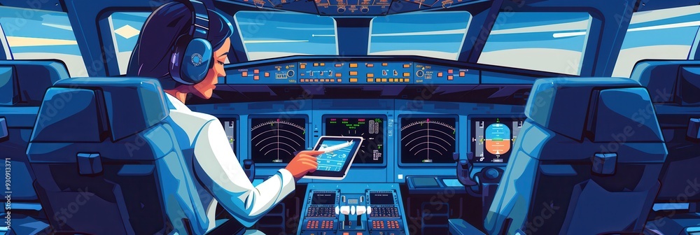 Poster A flight attendant attentively monitors flight instruments and navigation using a tablet while stationed in the cockpit during evening flight operations. Generative AI