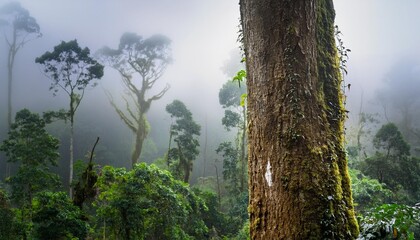 Fototapeta premium A misty rainforest scene with tall trees covered in vines, the focus on a single towering tr