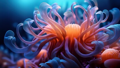 A vibrant anemone with its tentacles swaying, focus on the tentacles&rsquo; tips, with the backgro