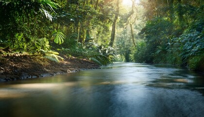 Obraz premium A winding rainforest river cutting through dense foliage, the focus on the shimmering water