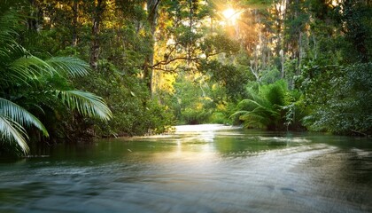 Obraz premium A winding rainforest river cutting through dense foliage, the focus on the shimmering water