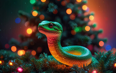 Fototapeta premium a green snake on a background of lights with a bokeh effect