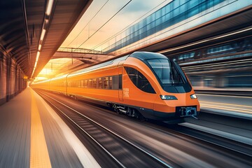 Naklejka premium Modern high-speed train departs from a railway station at sunset.