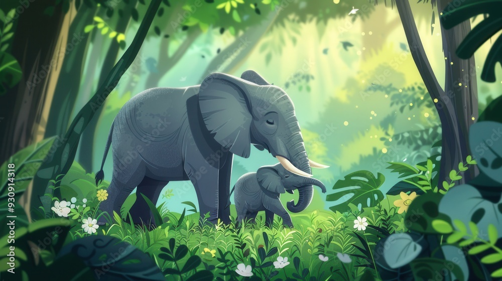 Poster a mother elephant and her playful calf wander through a dense forest, surrounded by vibrant plants a