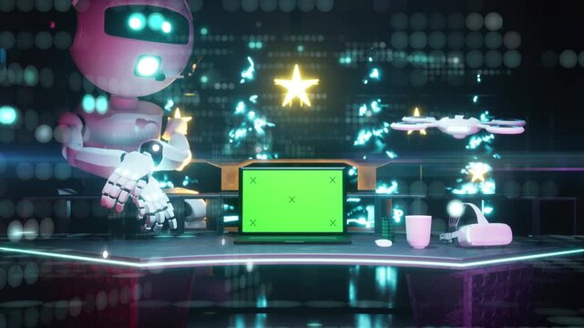Modern futuristic christmas animation with laptop and green screen on display. Robot sitting and drone flying around