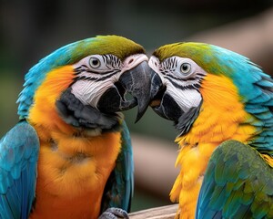 Fototapeta premium Exhibit a pair of macaw parrots engaging in a playful display of feathers and sounds within their community aviary