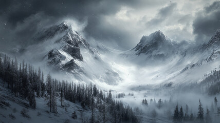 A dramatic landscape engulfed by a fierce winter storm, dark swirling clouds, heavy snowfall covering rugged mountains
