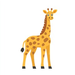 Fototapeta premium A cheerful cartoon giraffe standing tall, showcasing its long neck and unique spots in a whimsical, colorful style.