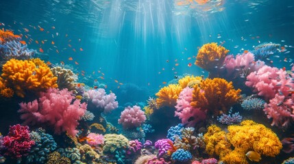 Naklejka premium Photograph of colorful underwater corals, bright light.