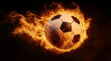 Fototapeta premium A dynamic soccer ball is engulfed in vibrant flames, symbolizing the boundless energy and excitement found in sports