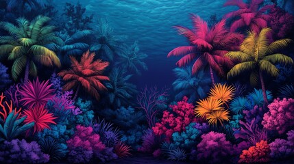 Fototapeta premium Vibrant underwater landscape featuring colorful corals and lush palm trees thriving in a mystical ocean environment.