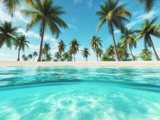 Obraz premium A serene tropical scene featuring clear water, golden sand, and lush palm trees under a vibrant blue sky.