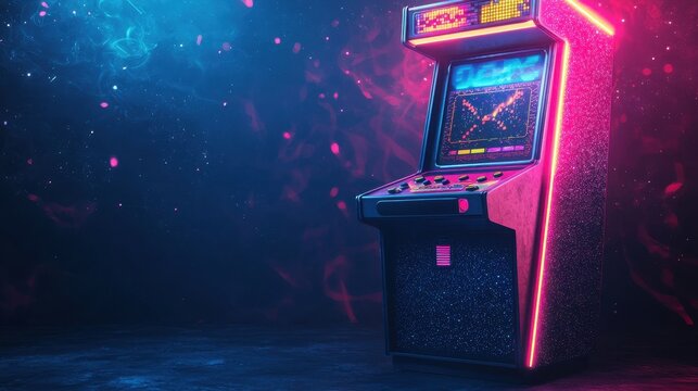 Retro Arcade Game Machine with Neon Lights and Glittering Background