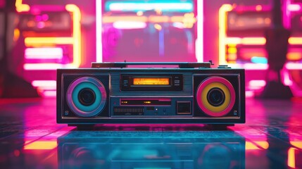 Retro Boombox with Neon Lights     s Music Nostalgia