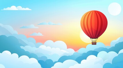 Fototapeta premium Hot Air Balloon Flying Above the Clouds with Sunset Sky