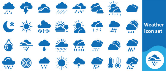 Weather icon set. Weather icons for web. Forecast weather flat symbols. Pictogram vector icons.