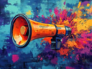 dynamic marketing concept vibrant megaphone emerges from a kaleidoscopic burst of color and geometric shapes symbolizing the power of communication in a bold graphic style