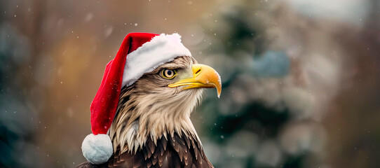 A bald eagle wearing a Santa hat. The hat is red and white. The eagle is standing in the snow © Gabriela