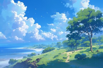 Naklejka premium Coastal landscape with green grass, lush trees, and a beautiful blue sky with clouds. Concept of nature, tranquility, and relaxation.
