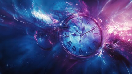 Abstract Clock Face in Cosmic Galaxy with Blue and Purple Swirls.