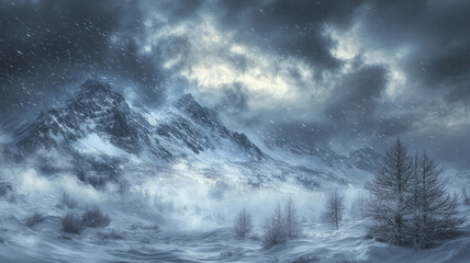 Obraz premium A dramatic landscape engulfed by a fierce winter storm, dark swirling clouds, heavy snowfall covering rugged mountains