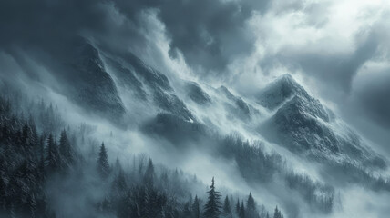 A dramatic landscape engulfed by a fierce winter storm, dark swirling clouds, heavy snowfall covering rugged mountains