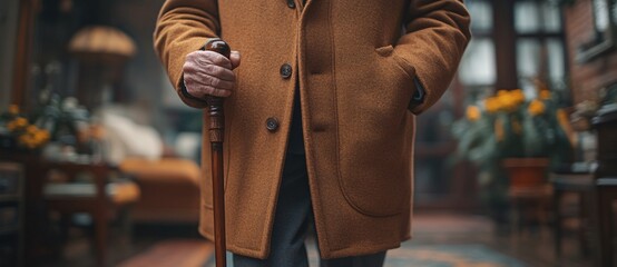Naklejka premium Close up portrait elder person walking using wooden stick cane in a hospital