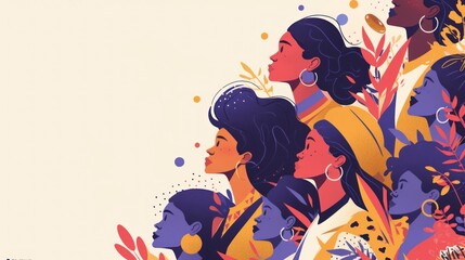 Illustration diverse women, purple backdrop, minimalistic style.