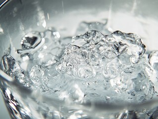 Close-Up of Ice Cubes Melting in a Glass of Water with Abstract Texture and Light Reflections.