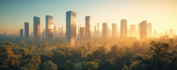 Obraz premium A city skyline with a foggy forest in the background. The city is full of tall buildings and the sky is a beautiful orange color