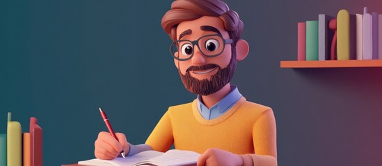 3D Cartoon of a man with a pen in hand jotting down notes in a notebook