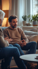 Two men are sitting on a couch, one of them is talking to the other. The man on the couch is wearing a brown sweater and blue jeans