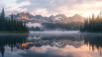 Fototapeta premium Mountain Lake Sunrise Reflection with Mist and Fog.